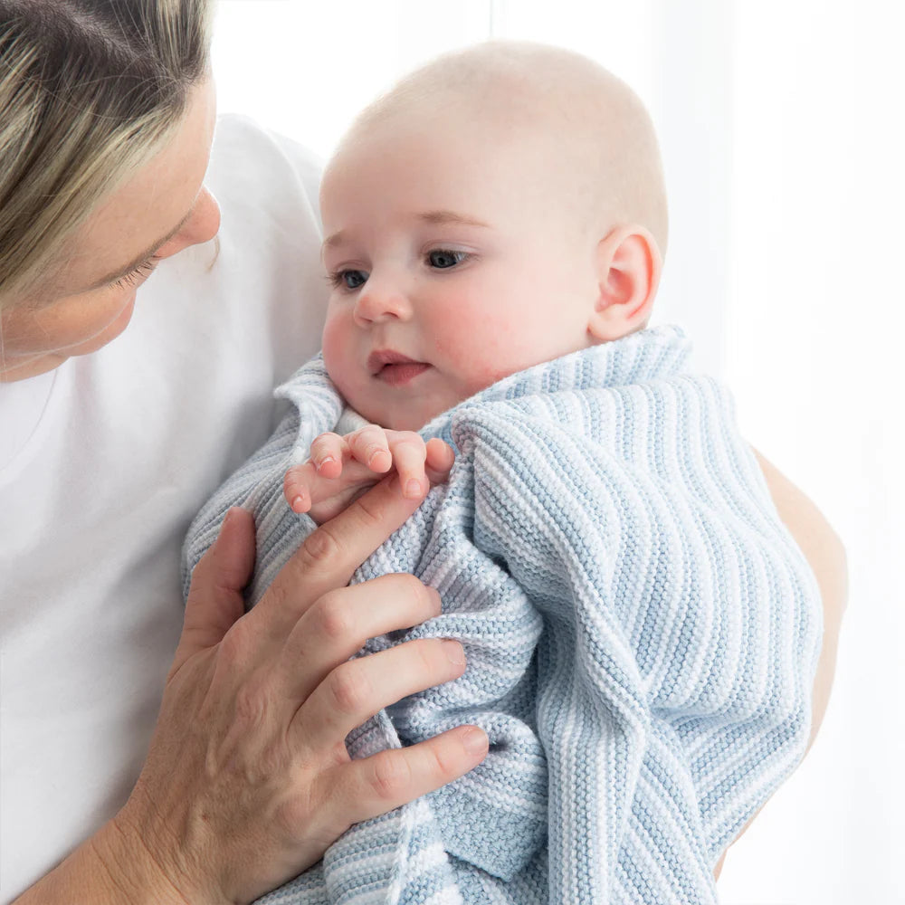 100% Cotton Knit Blanket - Blue Stripe