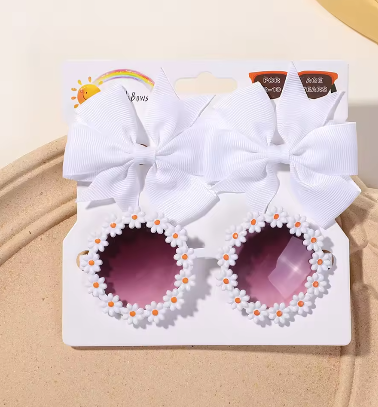 Kids Flower Sunglasses and Hairclip Bows 3 pack - white