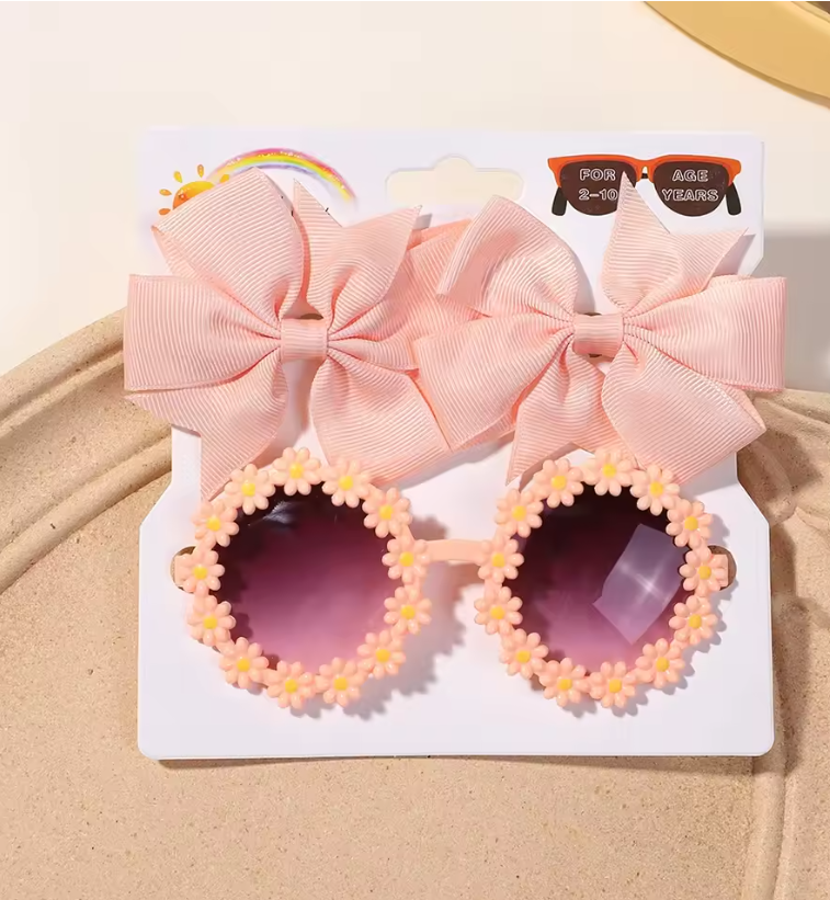 Kids Flower Sunglasses and Hairclip Bows 3 pack - Peach