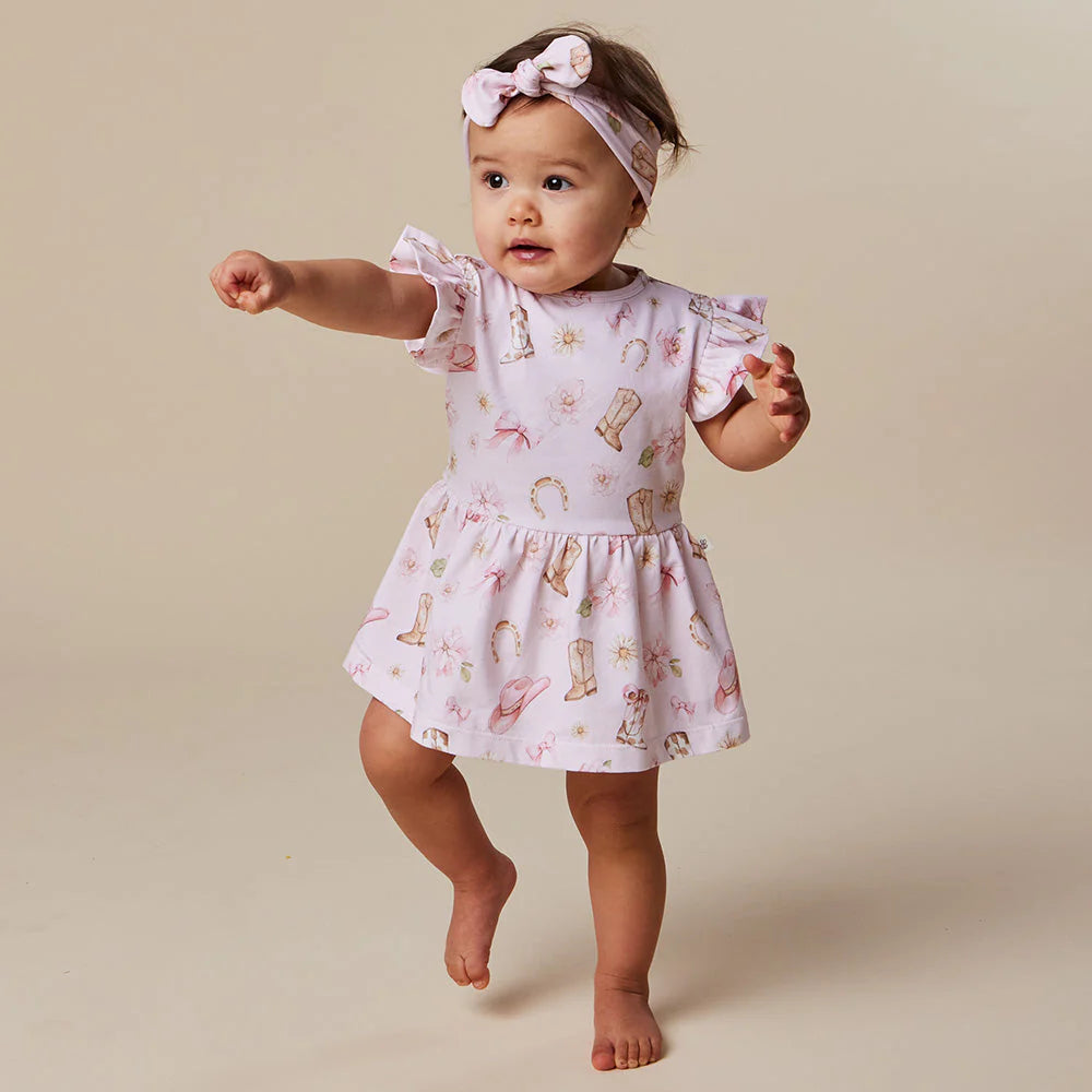 Snuggle Hunny - Boots & Bows SS Organic Dress w Frill