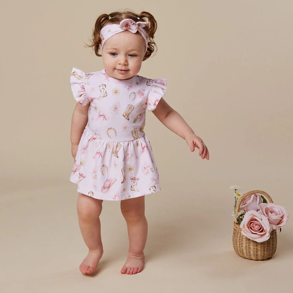 Snuggle Hunny - Boots & Bows SS Organic Dress w Frill