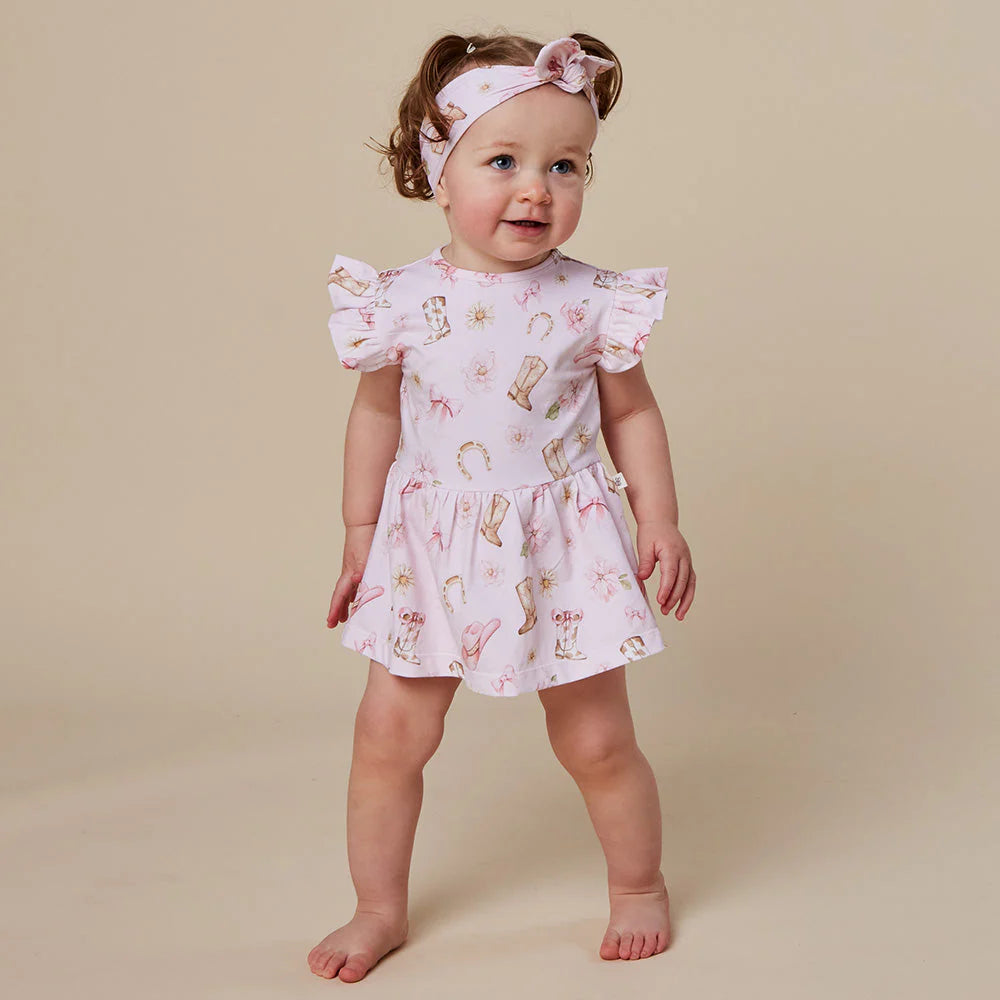 Snuggle Hunny - Boots & Bows SS Organic Dress w Frill