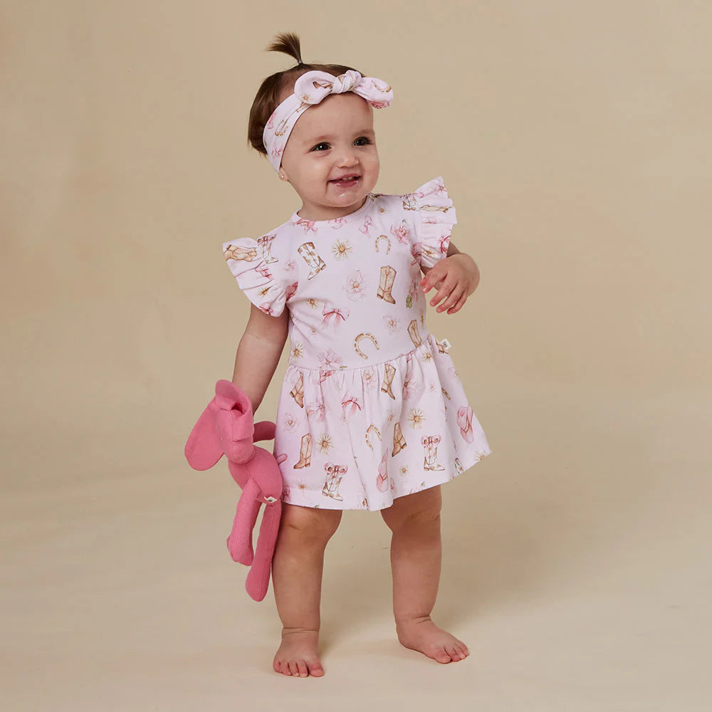 Snuggle Hunny - Boots & Bows SS Organic Dress w Frill
