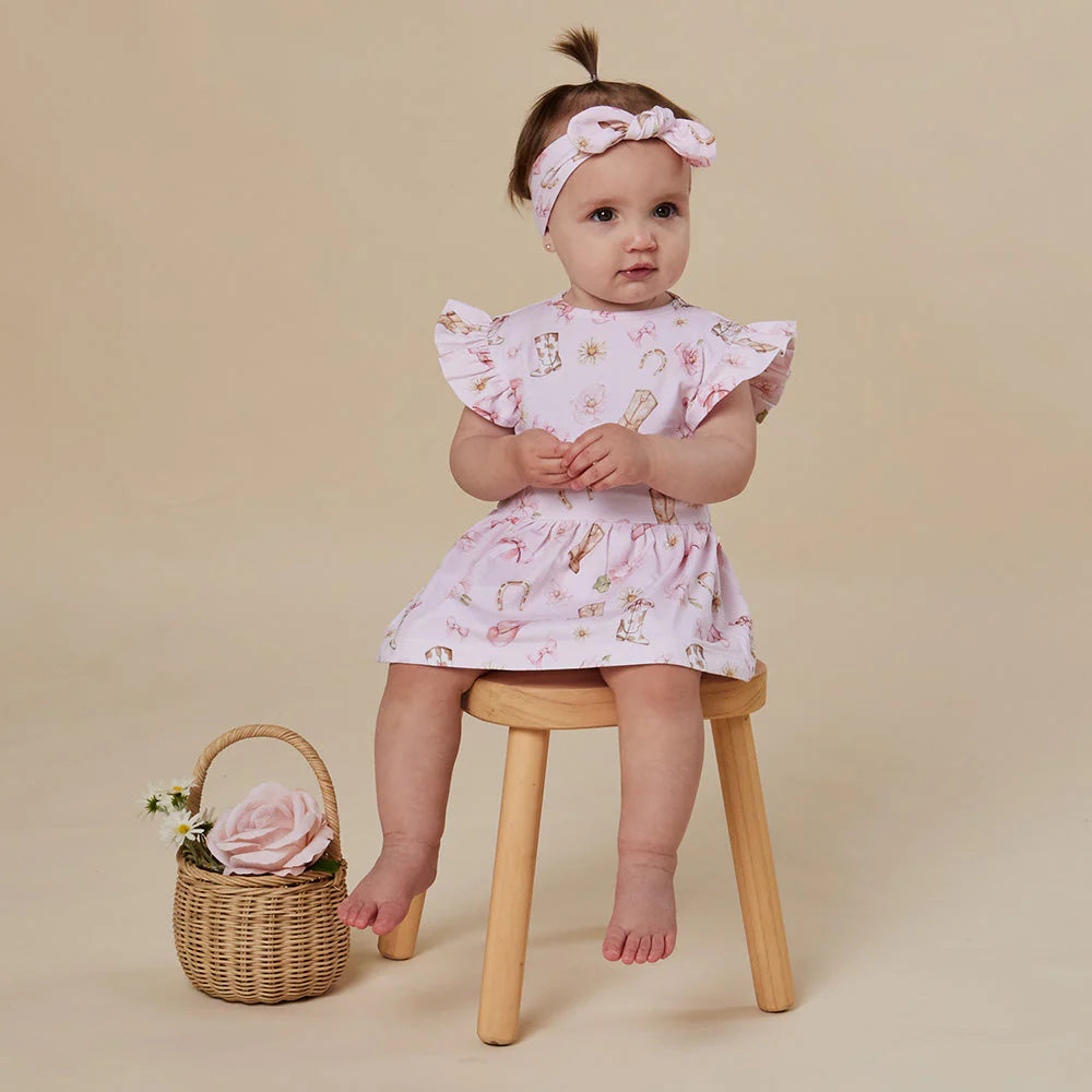 Snuggle Hunny - Boots & Bows SS Organic Dress w Frill