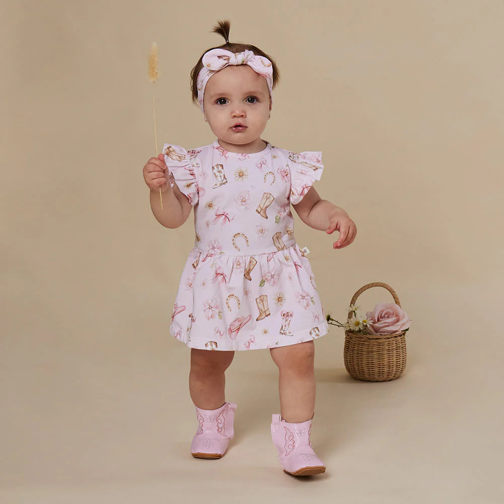 Snuggle Hunny - Boots & Bows SS Organic Dress w Frill
