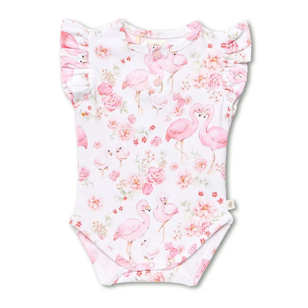 Snuggle Hunny Flamingos Short Sleeve Organic Bodysuit with Frill