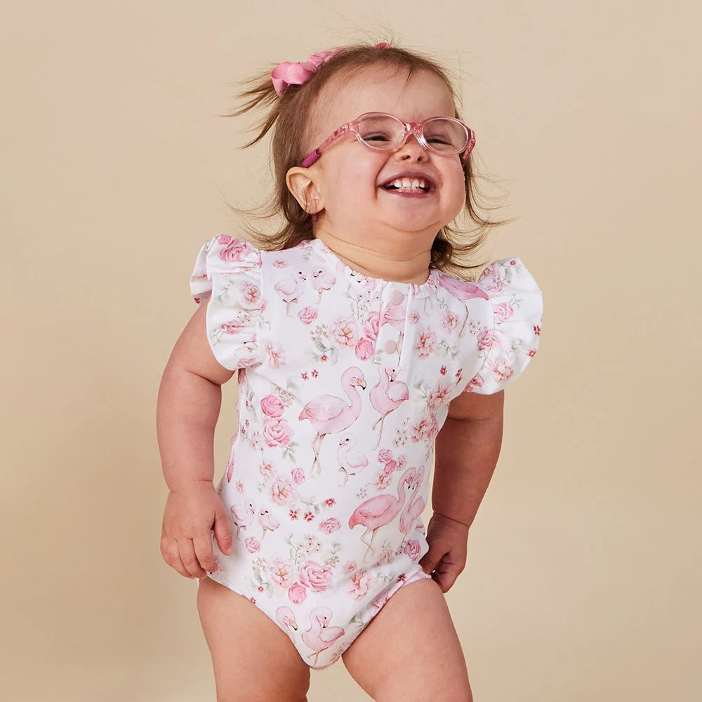 Snuggle Hunny Flamingos Short Sleeve Organic Bodysuit with Frill