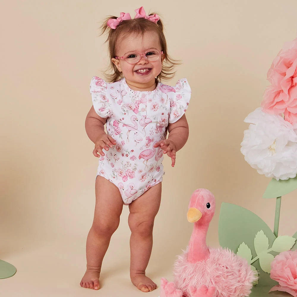 Snuggle Hunny Flamingos Short Sleeve Organic Bodysuit with Frill