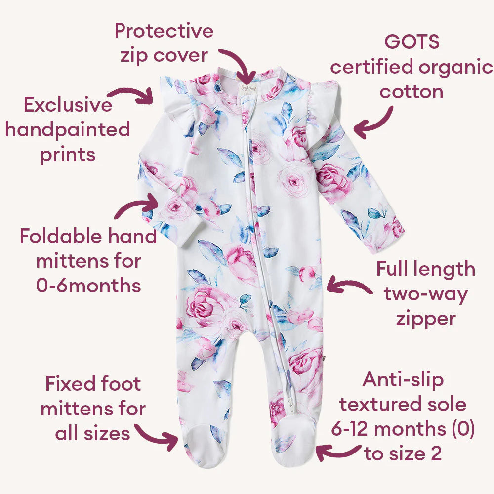 Organic Snuggle Sleepsuit Zip Footie w Frill - Lilac Skies