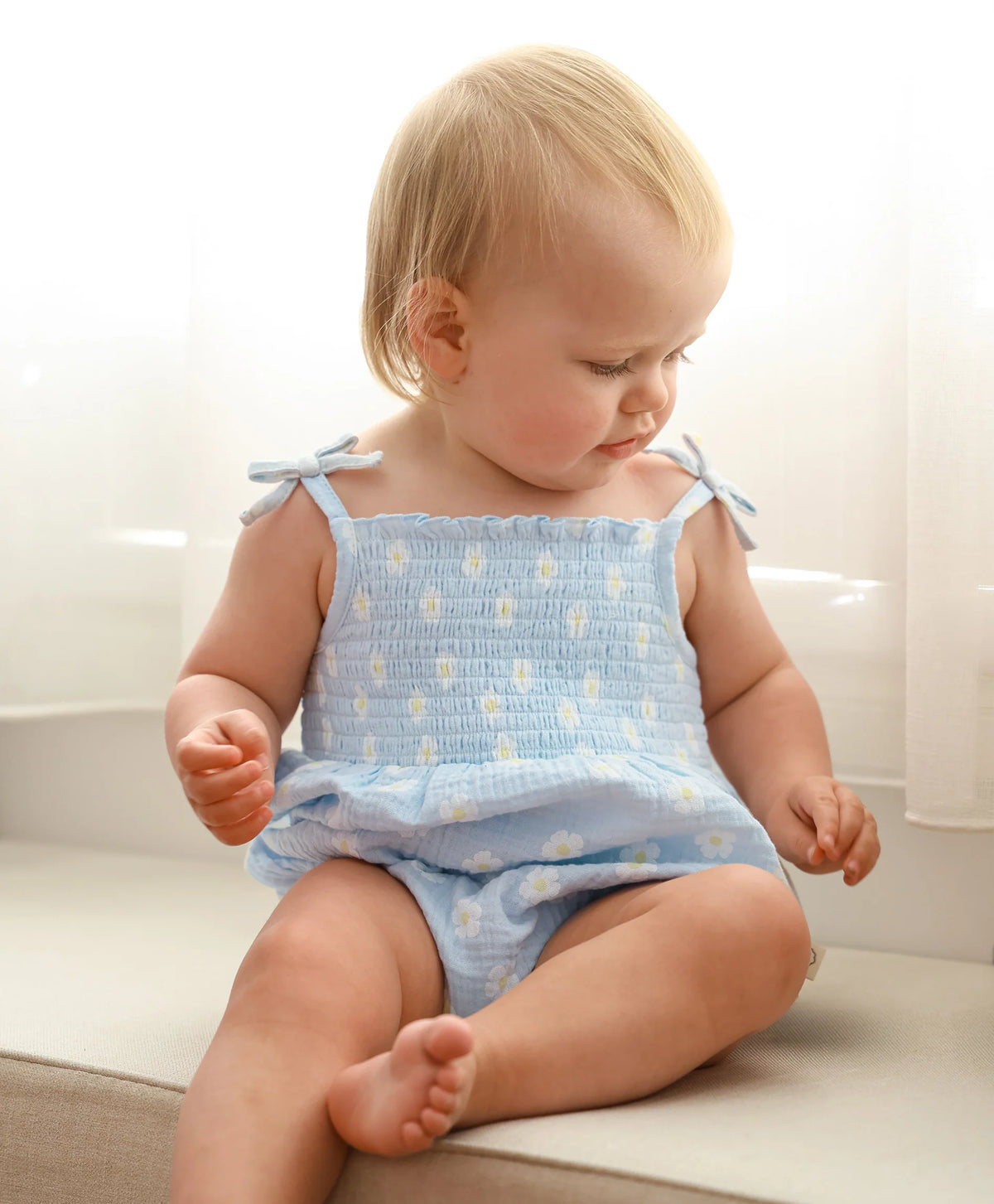 Organic Cotton Muslin Bubble Romper - Daisy Blue