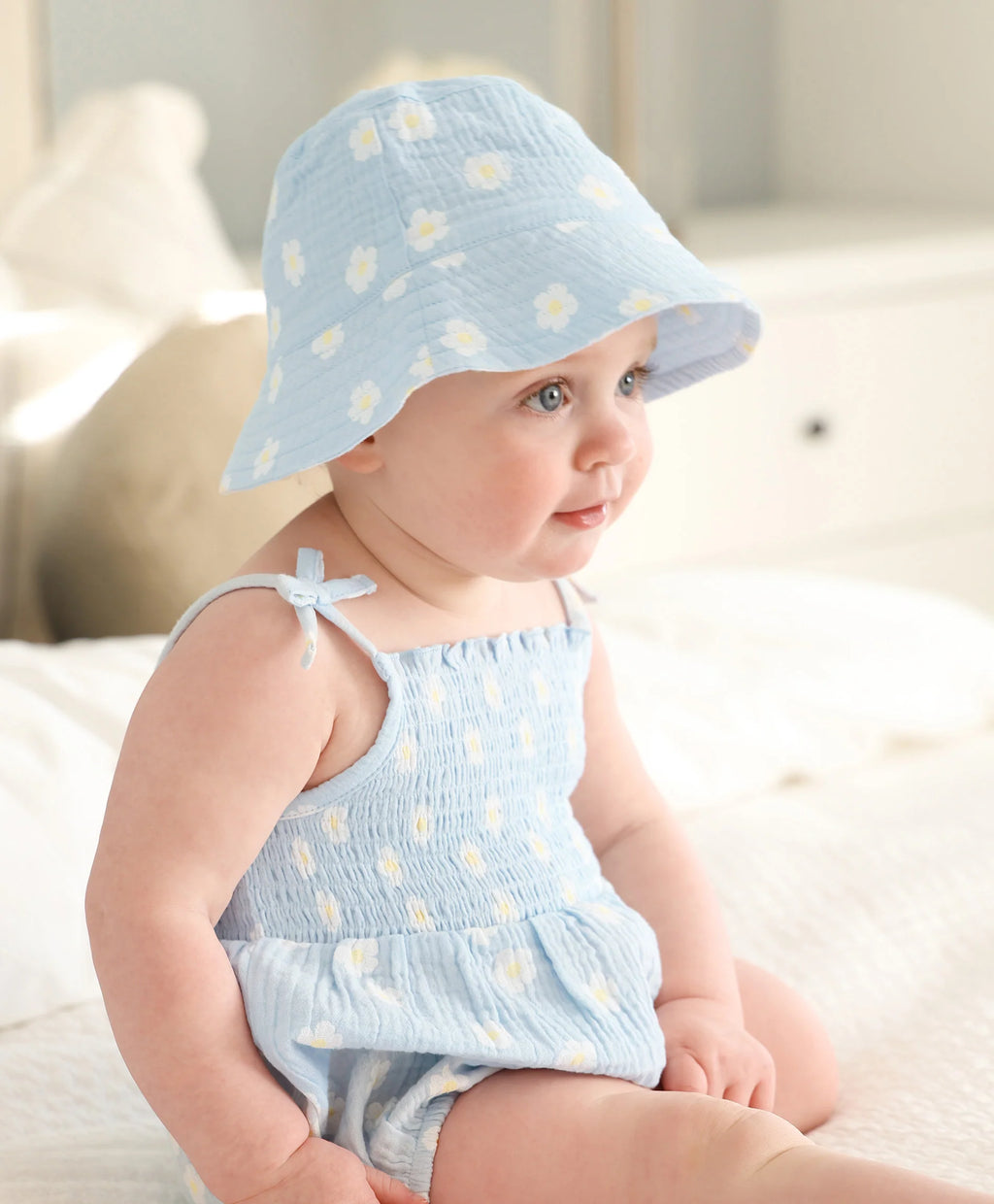Organic Cotton Muslin Bubble Romper - Daisy Blue