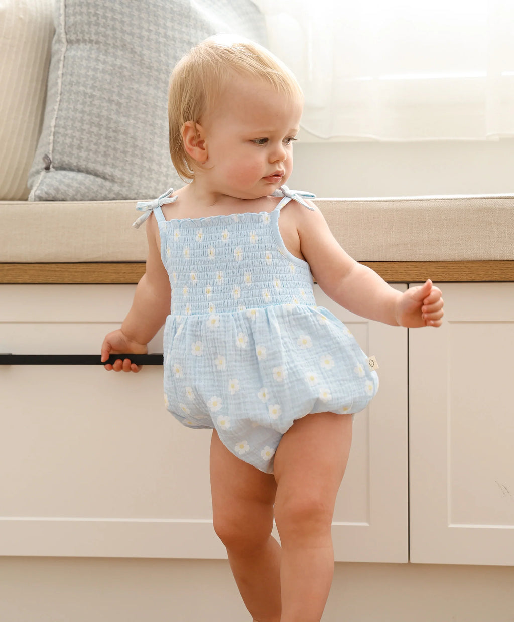 Organic Cotton Muslin Bubble Romper - Daisy Blue