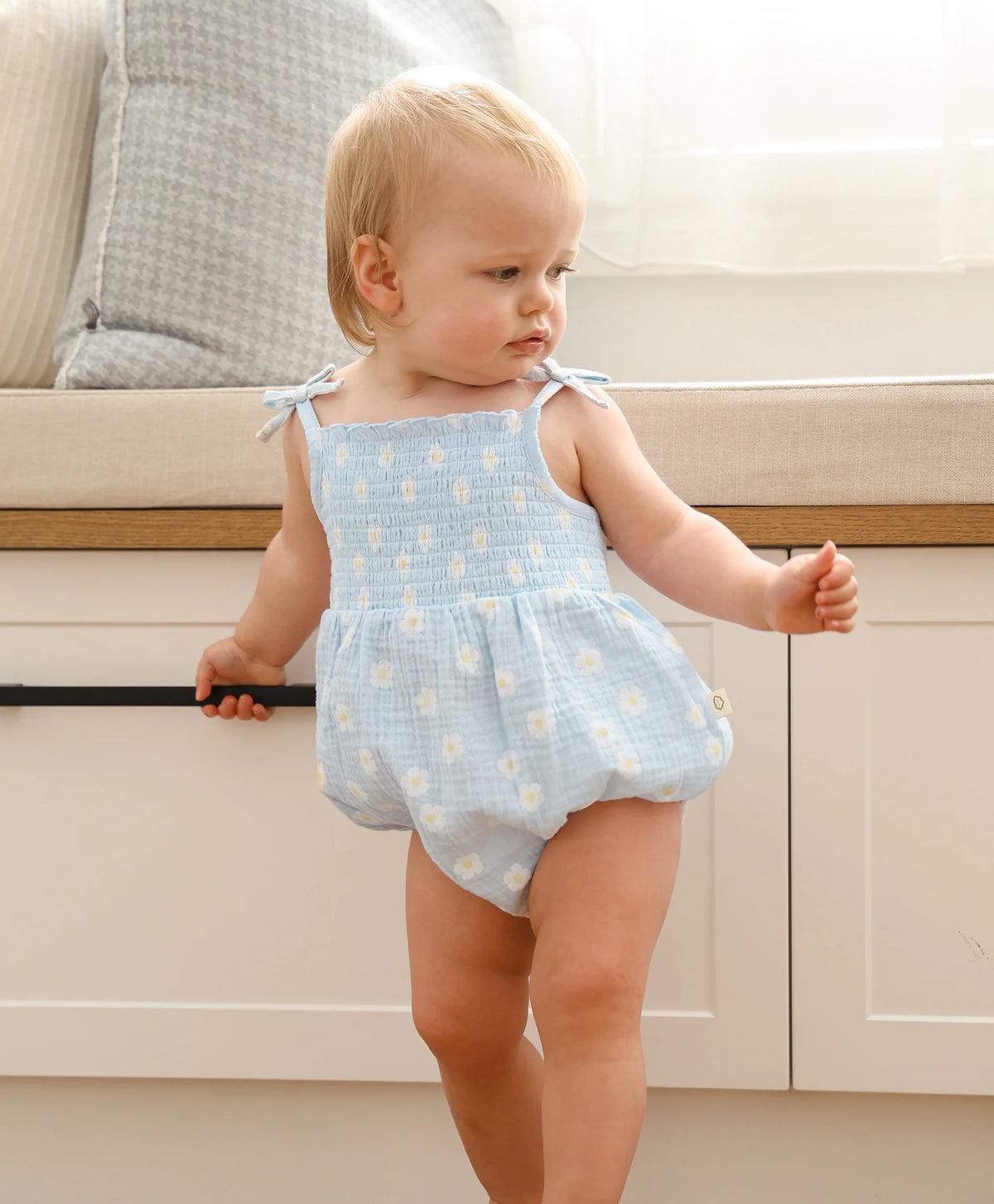 Organic Cotton Muslin Bubble Romper - Daisy Blue