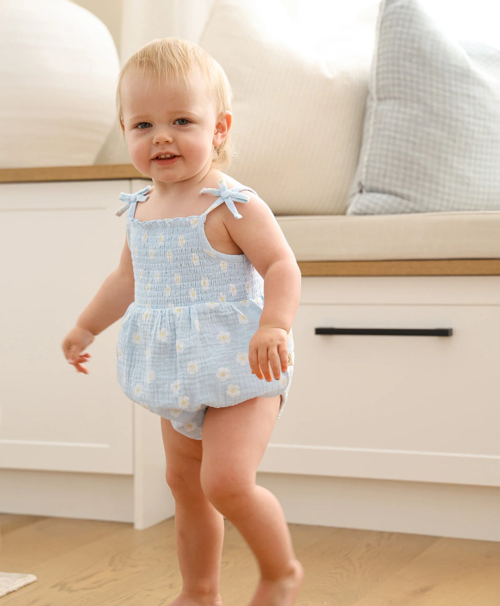 Organic Cotton Muslin Bubble Romper - Daisy Blue