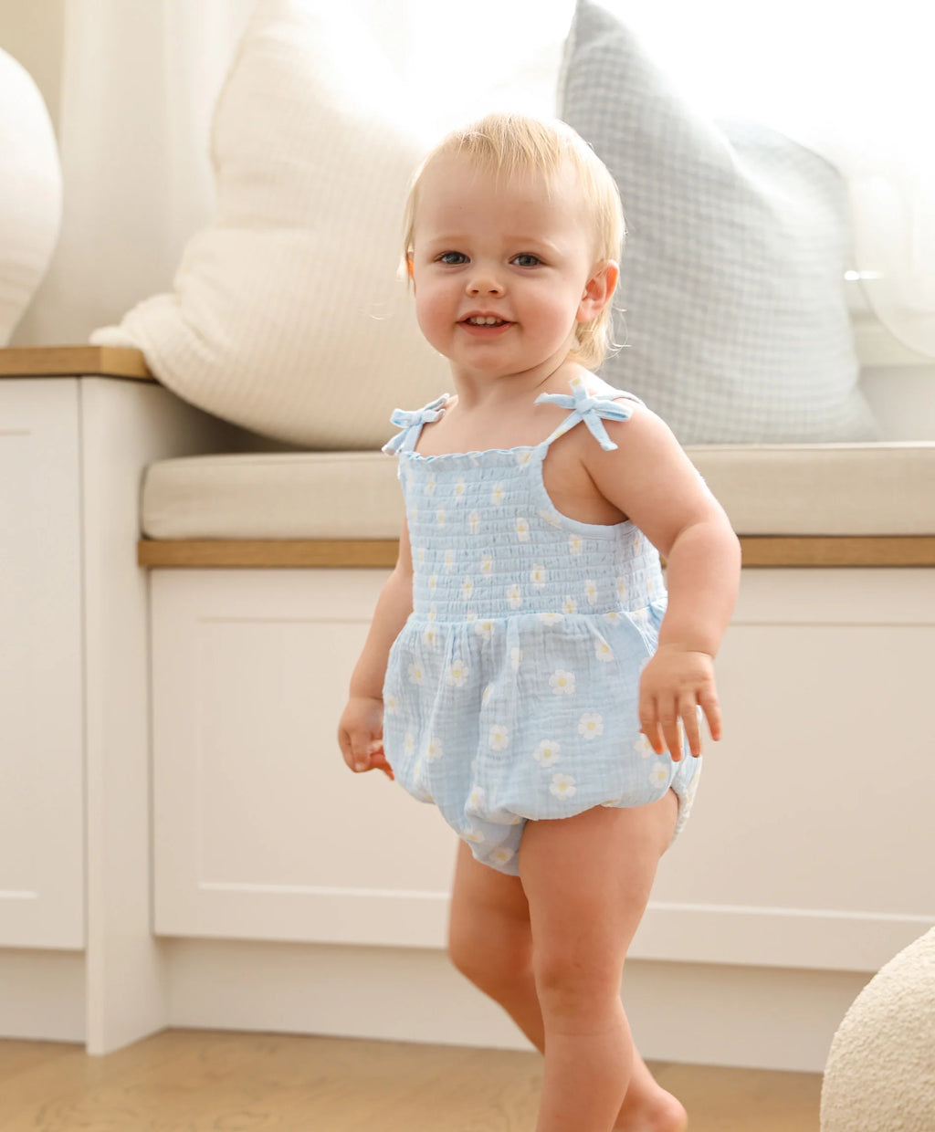 Organic Cotton Muslin Bubble Romper - Daisy Blue