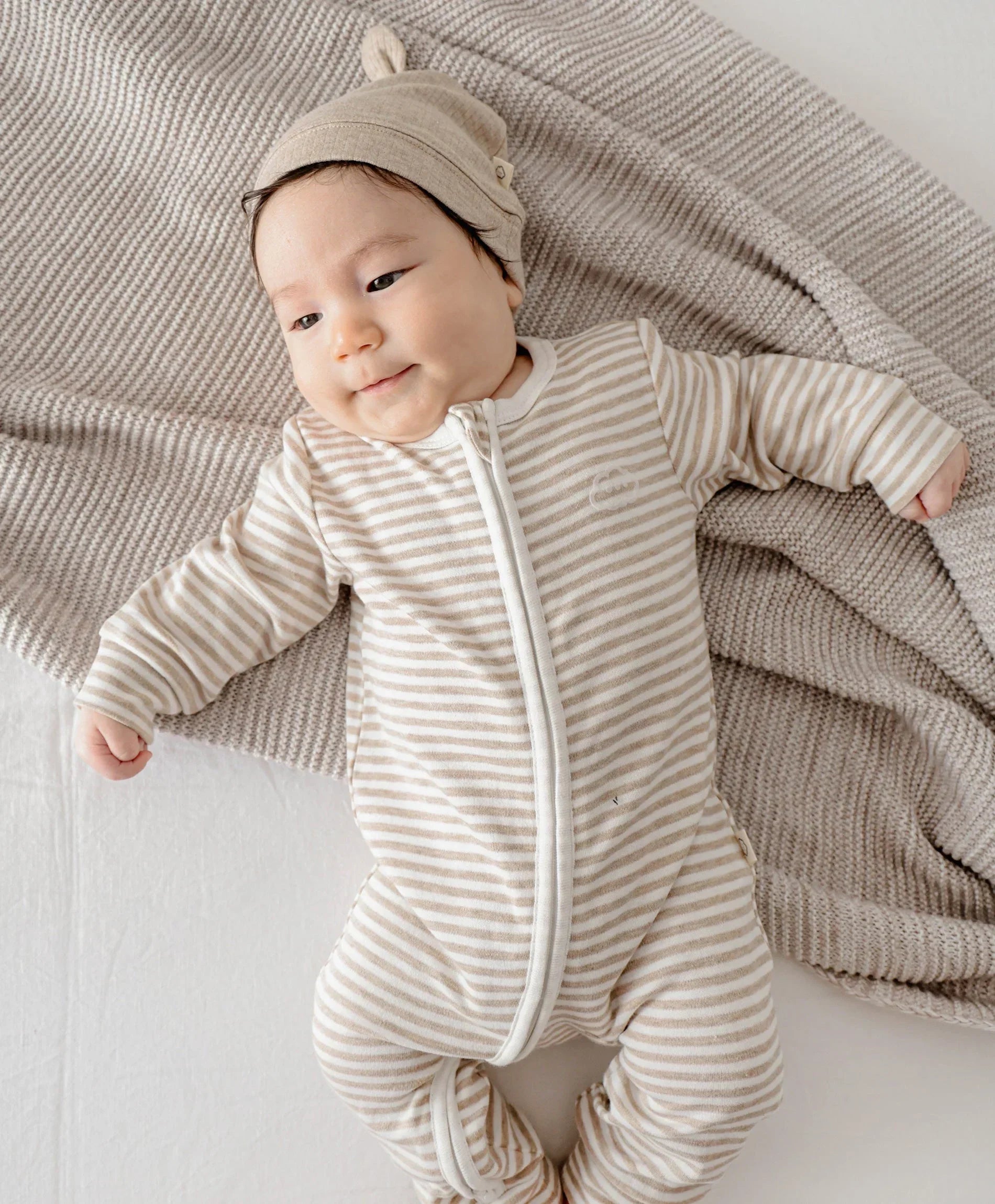 Organic Cotton Zip Growsuit - Oat Stripes