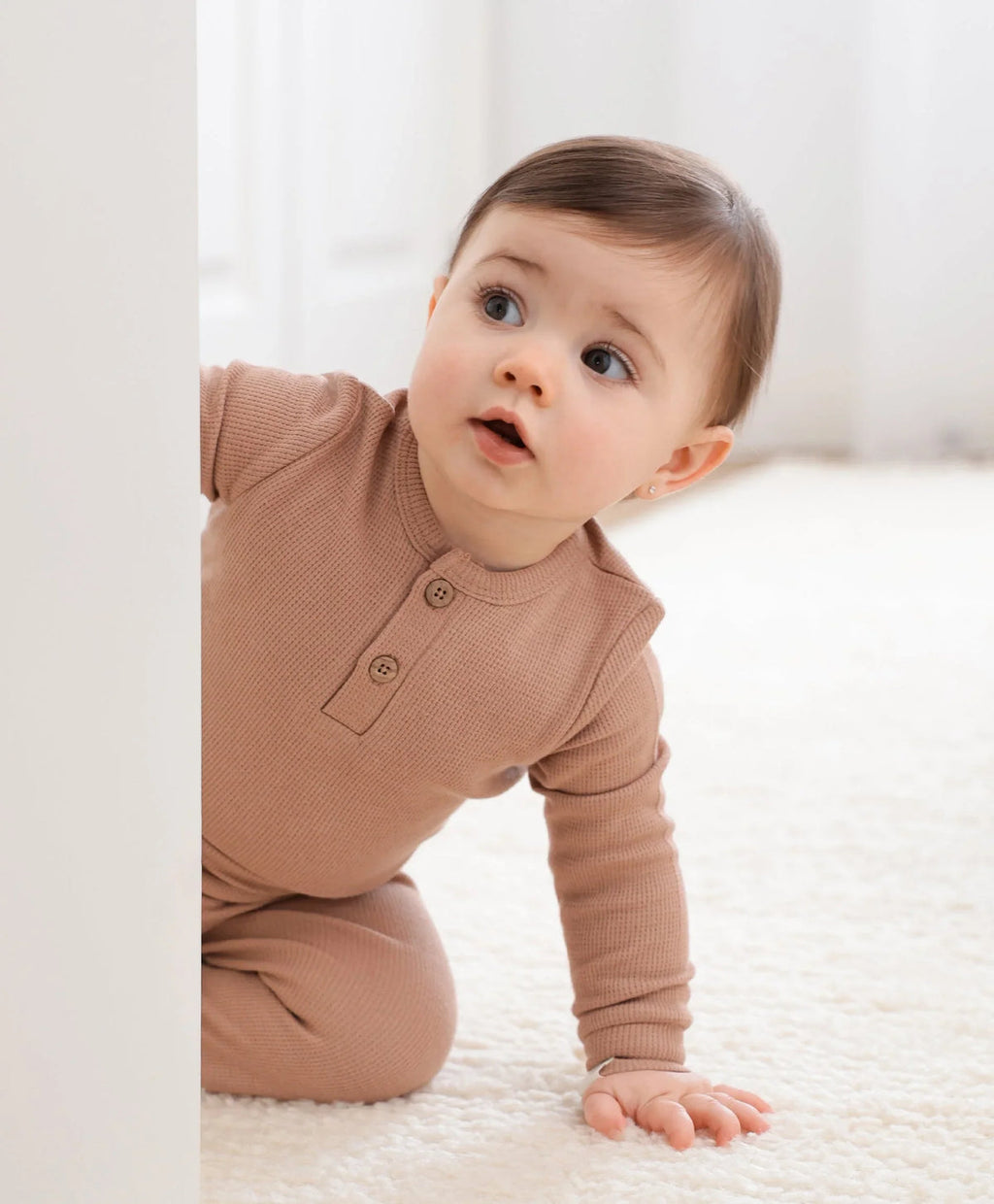Organic Cotton Waffle Long Sleeve Bodysuit - Mocha