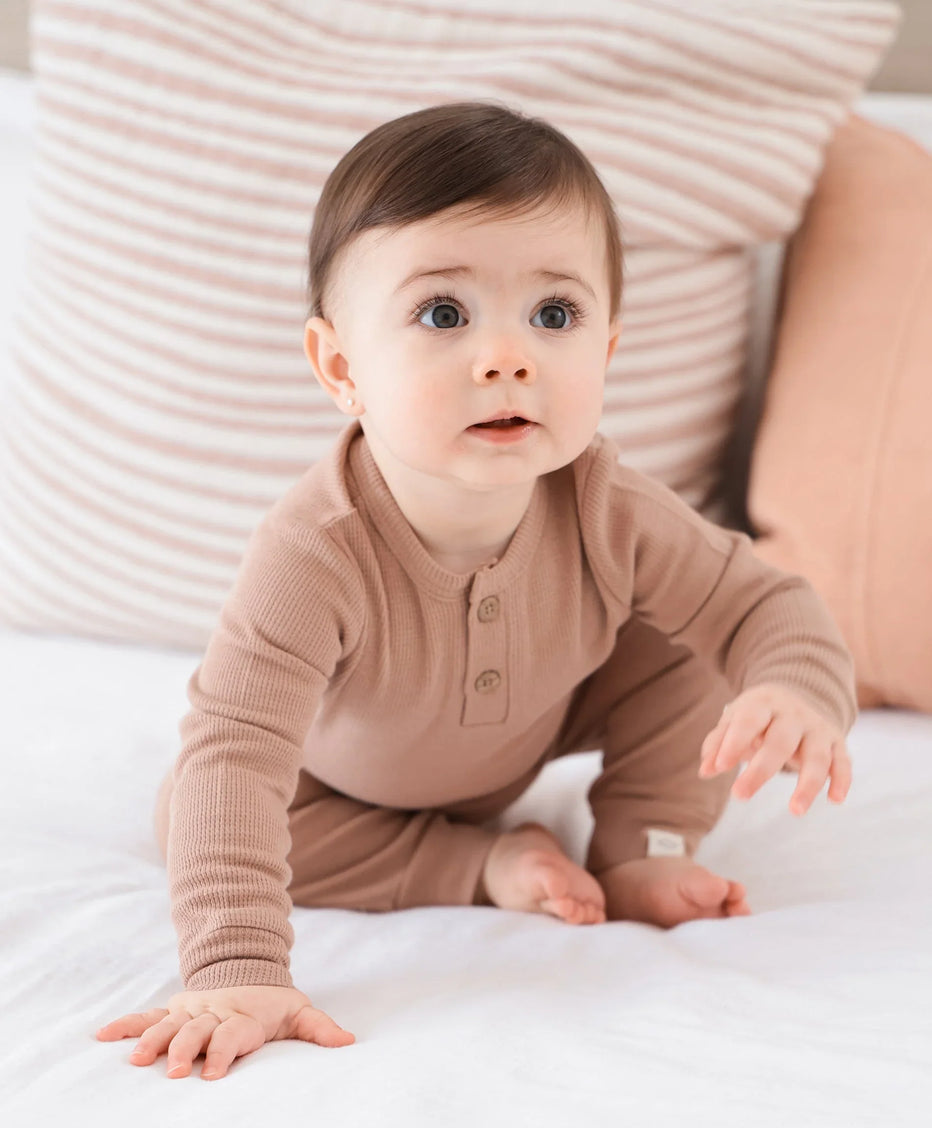 Organic Cotton Waffle Long Sleeve Bodysuit - Mocha