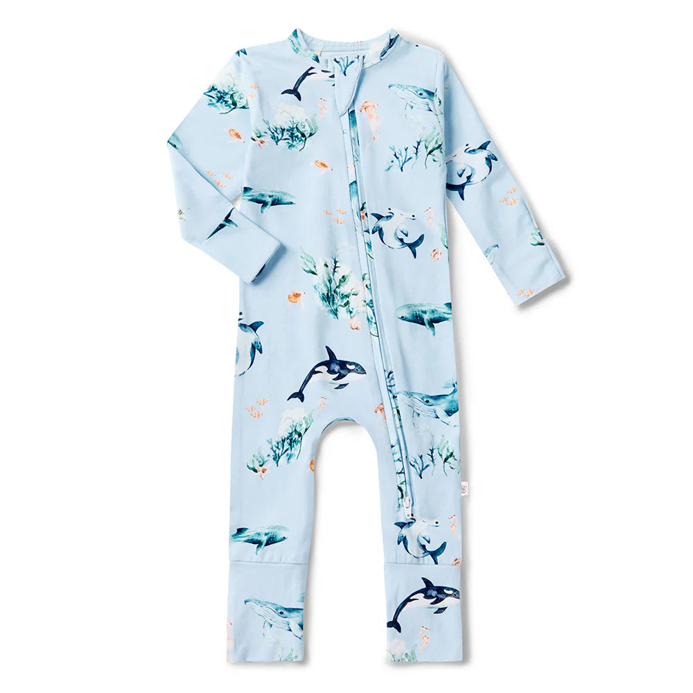 Snuggle Hunny Organic Snugglesuit Covertible Romper - Blue Ocean