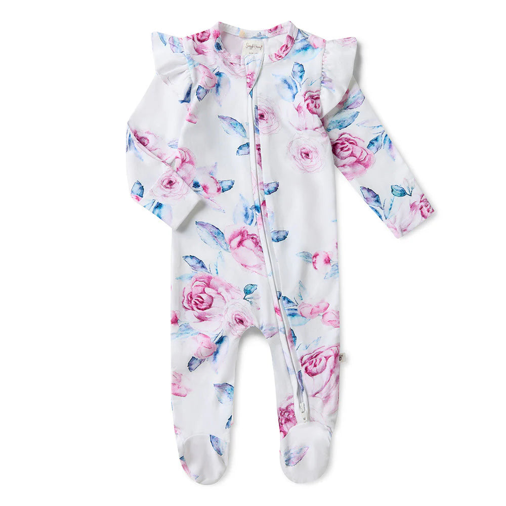 Organic Snuggle Sleepsuit Zip Footie w Frill - Lilac Skies