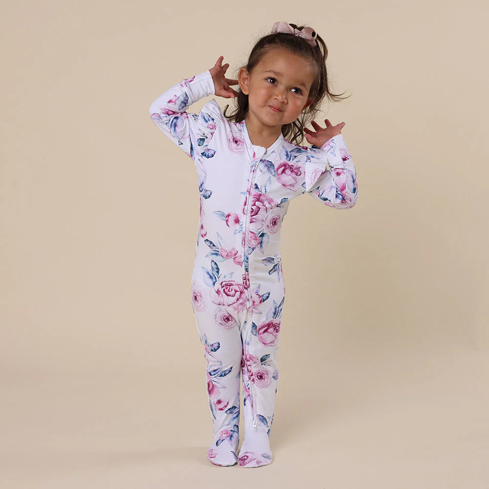 Organic Snuggle Sleepsuit Zip Footie w Frill - Lilac Skies