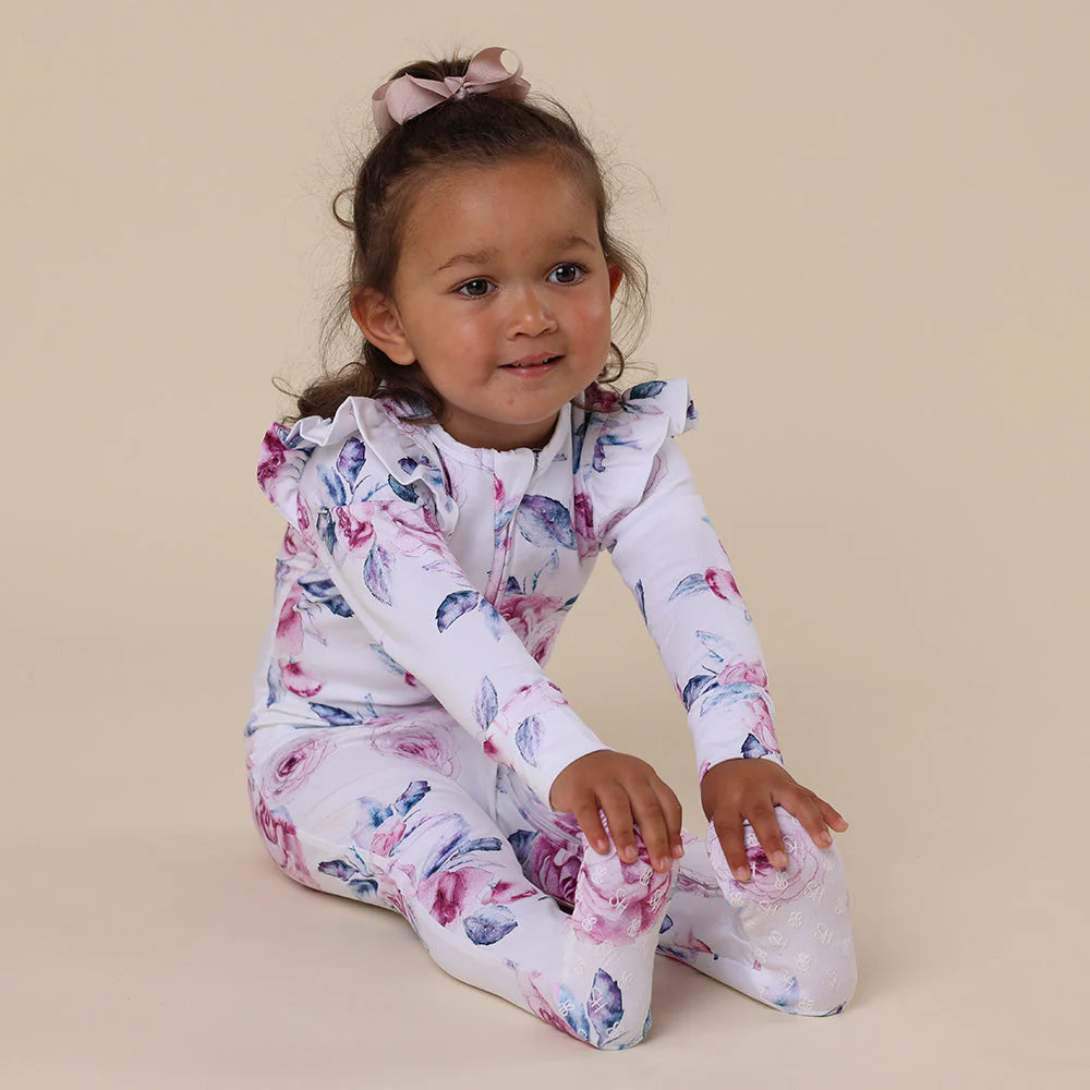 Organic Snuggle Sleepsuit Zip Footie w Frill - Lilac Skies