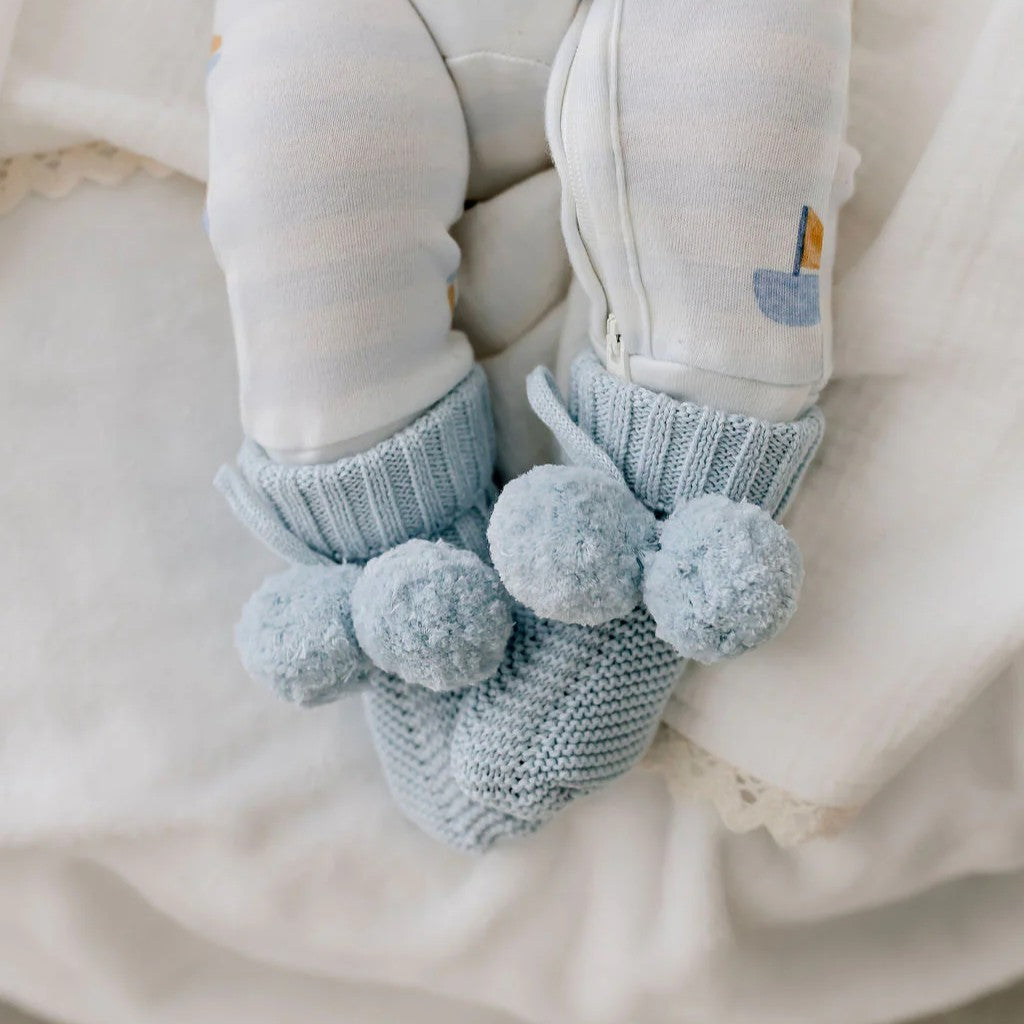 Knit Booties - Soft Blue Pomms