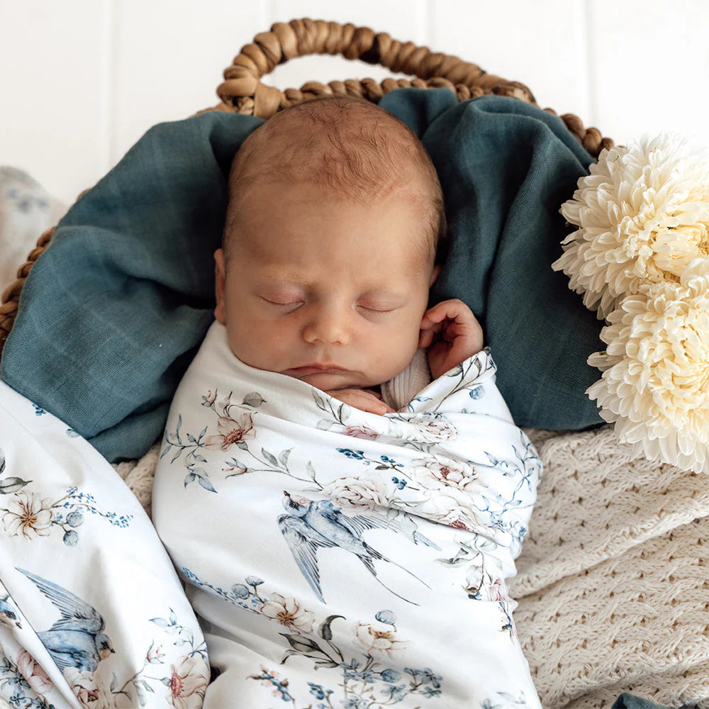 Snuggle Hunny - Organic Jersey Wrap & Topknot Set - Sweet Swallows