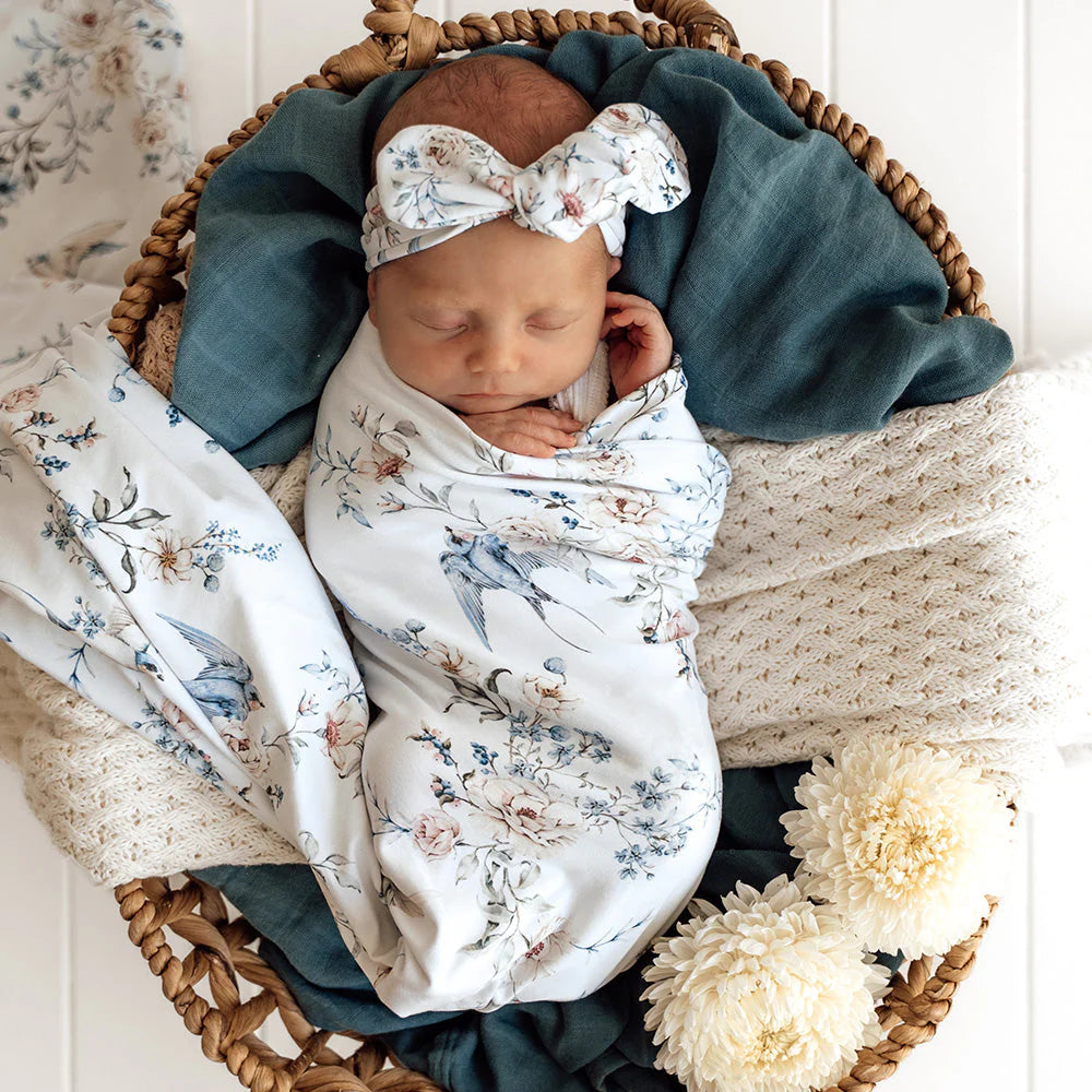 Snuggle Hunny - Organic Jersey Wrap & Topknot Set - Sweet Swallows