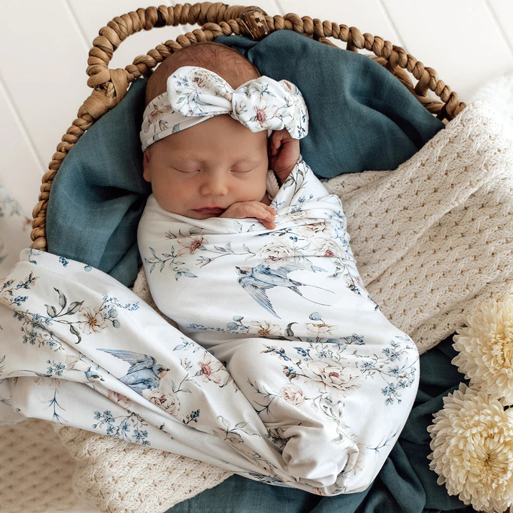 Snuggle Hunny - Organic Jersey Wrap & Topknot Set - Sweet Swallows