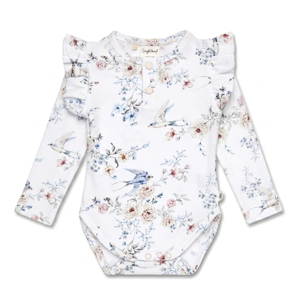 Snuggle Hunny - LS Organic Bodysuit w Frill - Sweet Swallows