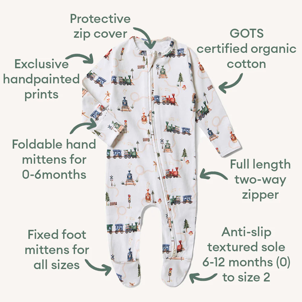 Snuggle Hunny Organic Snuggle Sleepsuit Zip Footie - Trains
