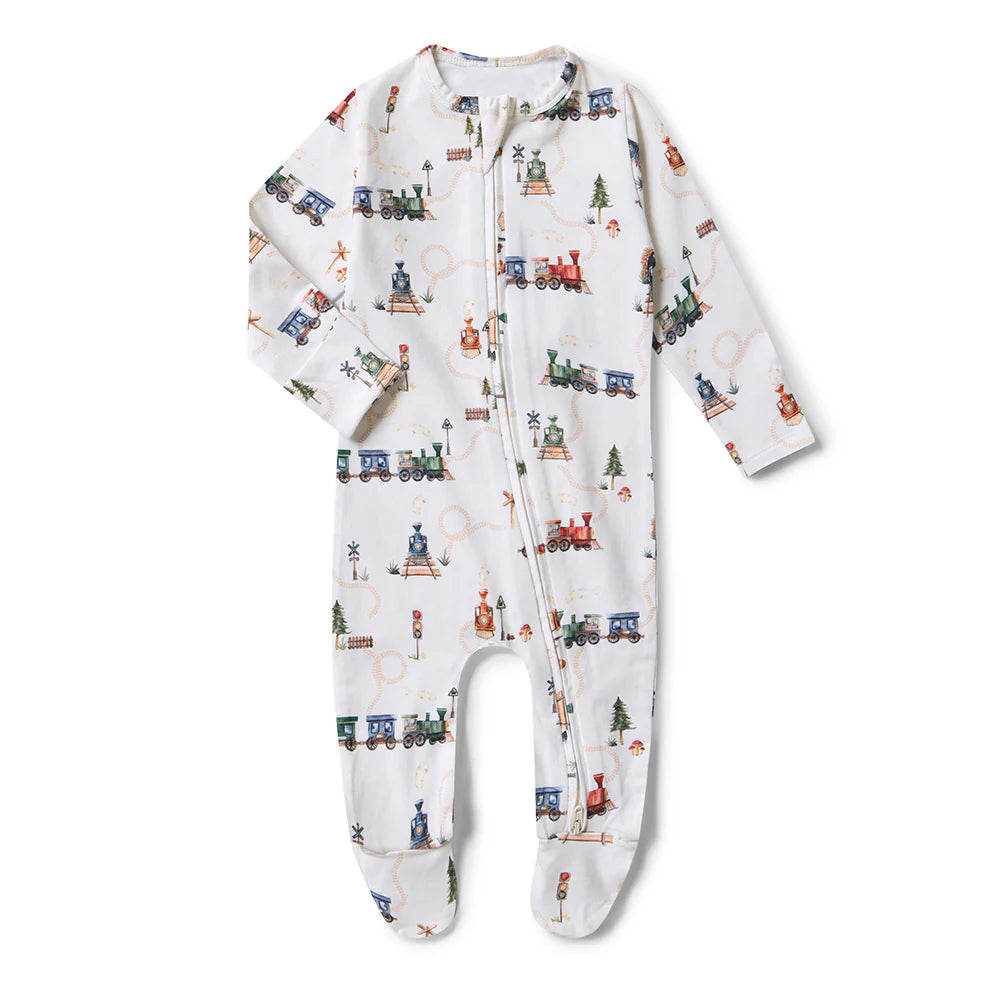 Snuggle Hunny Organic Snuggle Sleepsuit Zip Footie - Trains