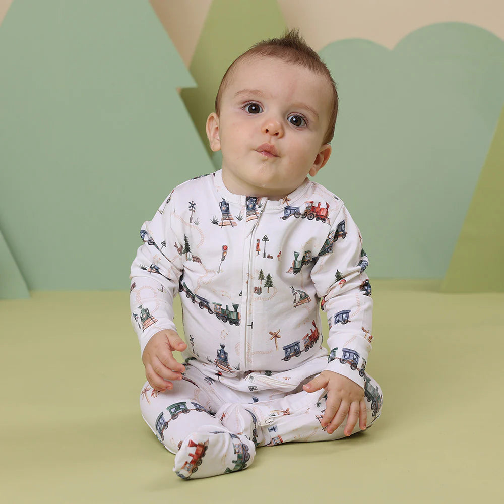 Snuggle Hunny Organic Snuggle Sleepsuit Zip Footie - Trains