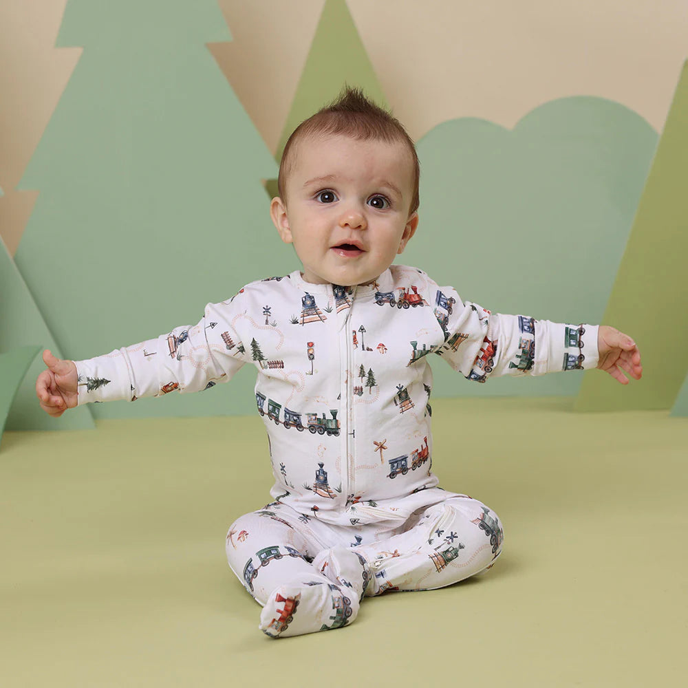 Snuggle Hunny Organic Snuggle Sleepsuit Zip Footie - Trains